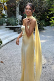 Satin Lace Up Bateau Sleeveless Maxi Yellow Prom Dress Party Dress-Pgmdress