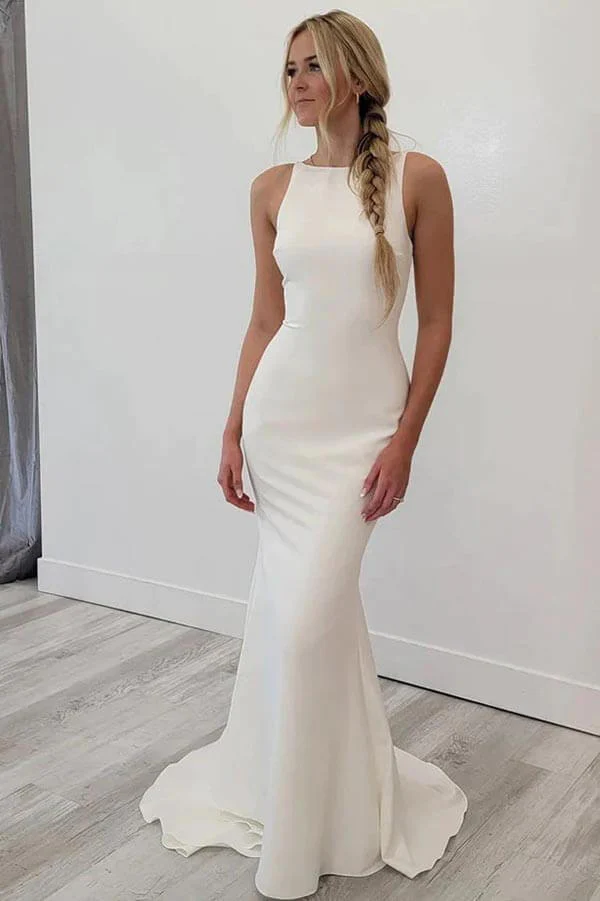 Satin Mermaid Open Back Beach Wedding Dresses Simple Bridal Gowns  WD654-Pgmdress