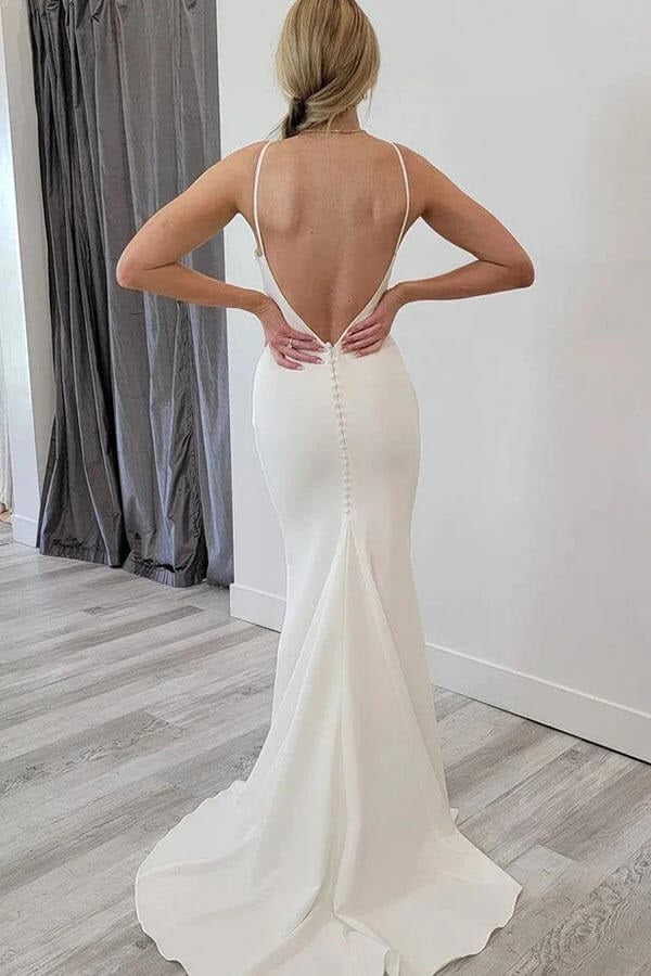 Satin Mermaid Open Back Beach Wedding Dresses Simple Bridal Gowns  WD654-Pgmdress