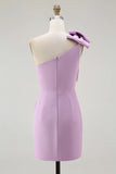 Satin One Shoulder Ruched Short Tight Homecoming Dress With Bow-Pgmdress