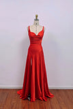 Satin Red Prom Dress Backless Lace Up High Slit Evening Gown-Pgmdress