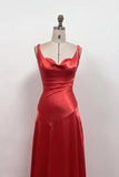 Satin Red Prom Dress Backless Lace Up High Slit Evening Gown-Pgmdress