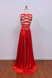 Satin Red Prom Dress Backless Lace Up High Slit Evening Gown-Pgmdress