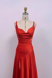 Satin Red Prom Dress Backless Lace Up High Slit Evening Gown-Pgmdress