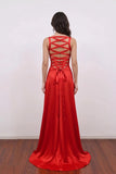 Satin Red Prom Dress Backless Lace Up High Slit Evening Gown-Pgmdress
