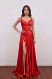 Satin Red Prom Dress Backless Lace Up High Slit Evening Gown-Pgmdress
