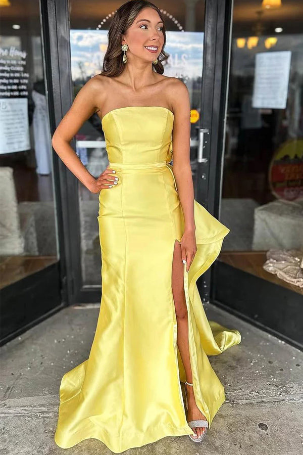 Satin Strapless Scoop Big Bow Mermaid Yellow Split Prom Dress PSK694-Pgmdress