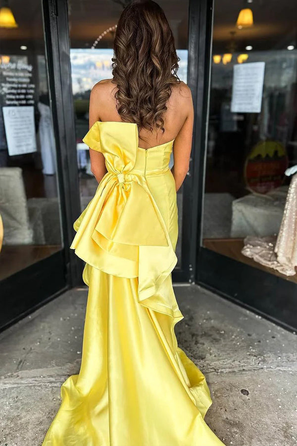 Satin Strapless Scoop Big Bow Mermaid Yellow Split Prom Dress PSK694-Pgmdress