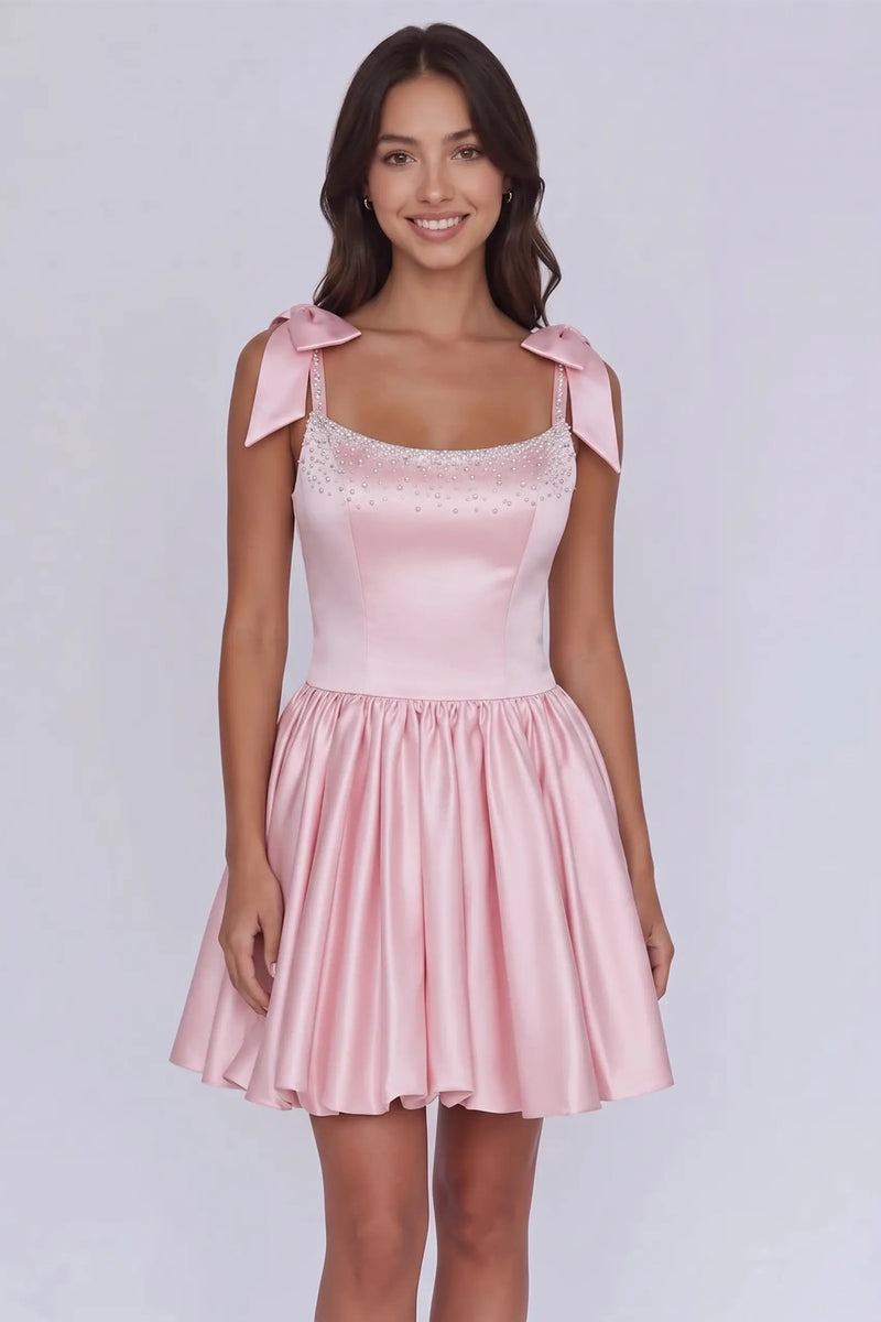 Satin Beaded A Line Pink Short Homecoming Dress with Bows-Pgmdress