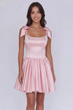 Satin Beaded A Line Pink Short Homecoming Dress with Bows