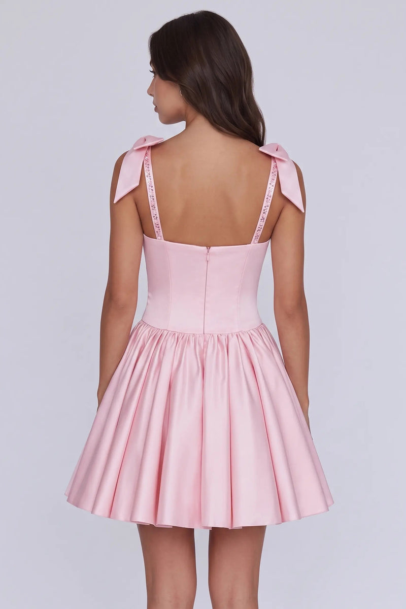 Satin Beaded A Line Pink Short Homecoming Dress with Bows-Pgmdress