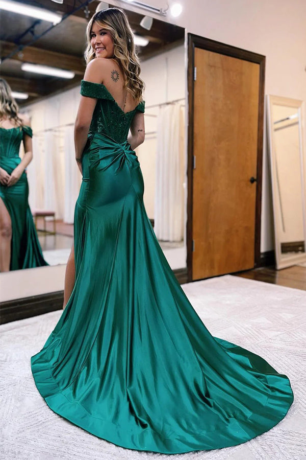 Satin Lace Mermaid Off Shoulder Green Long Prom Dress PSK375-Pgmdress