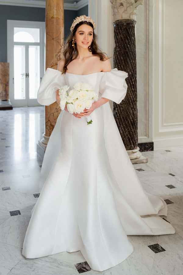 Satin Mermaid Off Shoulder Puff Sleeves Wedding Dress WD754-Pgmdress