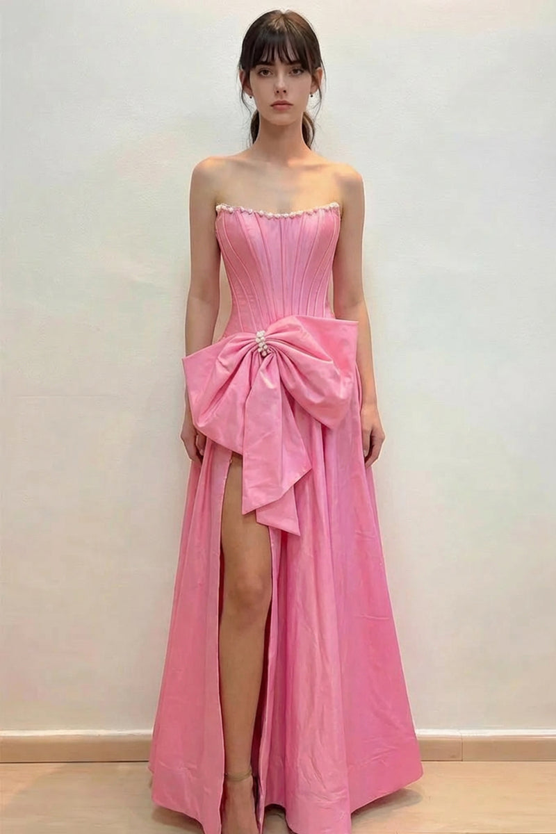 Scoop Neck Satin Slit Pink Prom Dress Party Dress with Pearls-Pgmdress