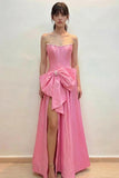 Scoop Neck Satin Slit Pink Prom Dress Party Dress with Pearls-Pgmdress