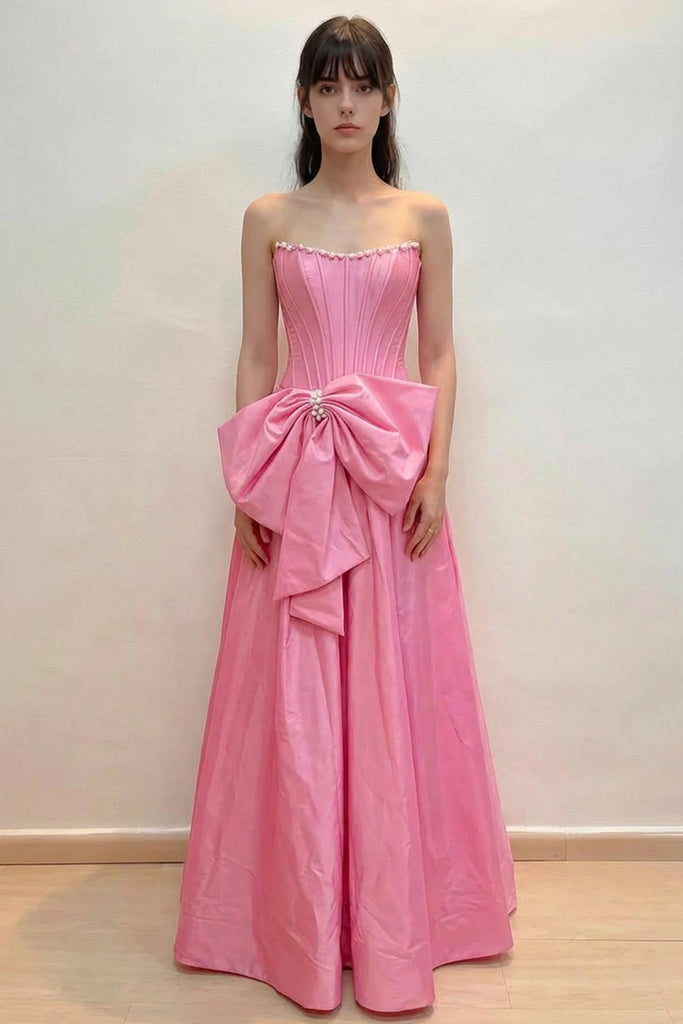 prom dresses no slit Scoop Neck Satin Slit Pink Prom Dress Party Dress with Pearls US8 / Pink