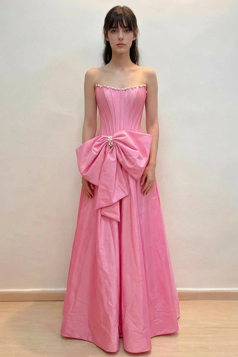 Scoop Neck Satin Slit Pink Prom Dress Party Dress with Pearls-Pgmdress