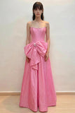 Scoop Neck Satin Slit Pink Prom Dress Party Dress with Pearls