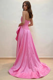 Scoop Neck Satin Slit Pink Prom Dress Party Dress with Pearls-Pgmdress