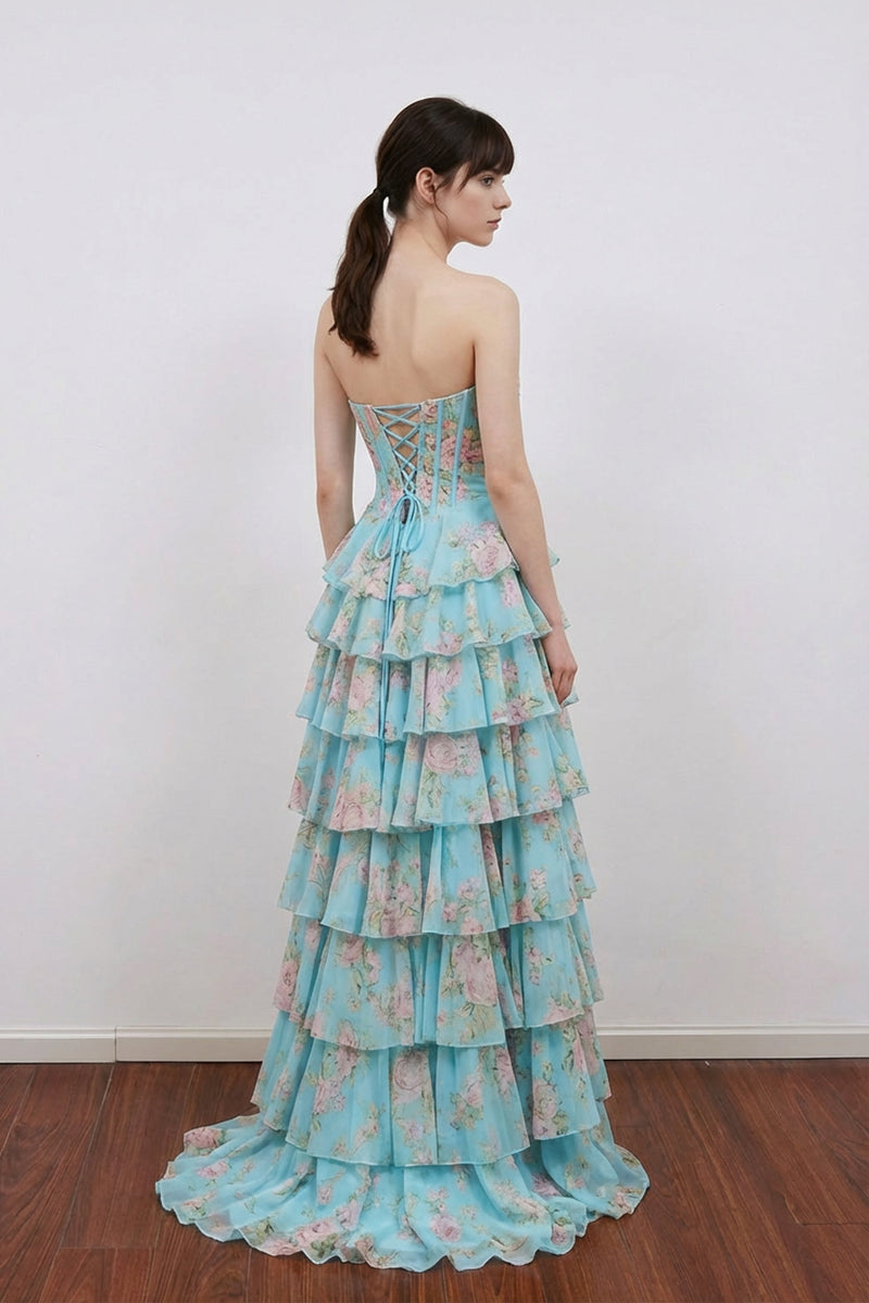Scoop Neck Floral Corset Ruffled Split Long Prom Dress with Beading-Pgmdress