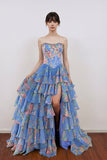 Scoop Neck Floral Corset Ruffled Split Long Prom Dress with Beading-Pgmdress