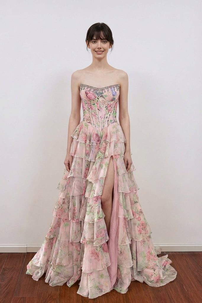 Scoop Neck Floral Corset Ruffled Split Long Prom Dress with Beading US2 / Blue Scoop Neck Floral Corset Ruffled Split Long Prom Dress with Beading US2 / Blue