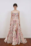Scoop Neck Floral Corset Ruffled Split Long Prom Dress with Beading-Pgmdress