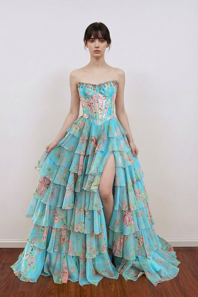 Scoop Neck Floral Corset Ruffled Split Long Prom Dress with Beading – Pgmdress Scoop Neck Floral Corset Ruffled Split Long Prom Dress with Beading – Pgmdress