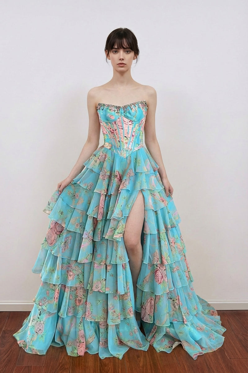Scoop Neck Floral Corset Ruffled Split Long Prom Dress with Beading-Pgmdress