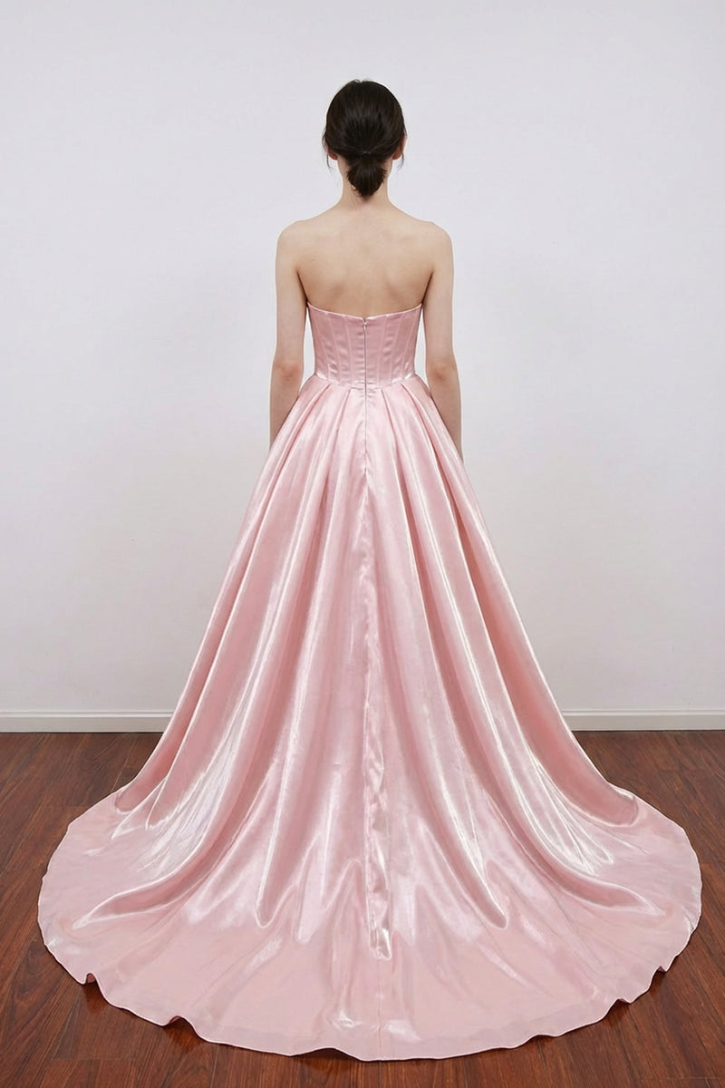 Scoop Neck Off Shoulder Satin Pleated Slit Pink Long Prom Dress-Pgmdress