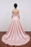 Scoop Neck Off Shoulder Satin Pleated Slit Pink Long Prom Dress-Pgmdress