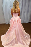 Scoop Neck Off Shoulder Satin Pleated Slit Pink Long Prom Dress-Pgmdress