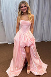 Scoop Neck Off Shoulder Satin Pleated Slit Pink Long Prom Dress-Pgmdress