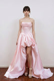 Scoop Neck Off Shoulder Satin Pleated Slit Pink Long Prom Dress-Pgmdress