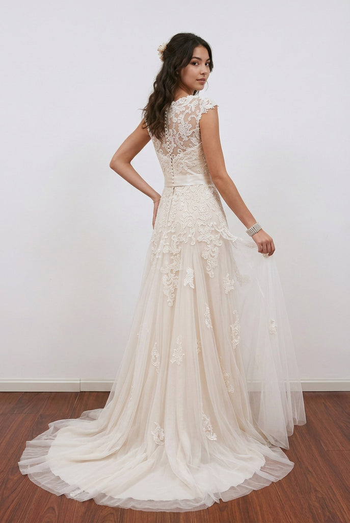 Scoop Neckline A-Line Tulle Wedding Dress With Lace Appliques WD202 US14 / White