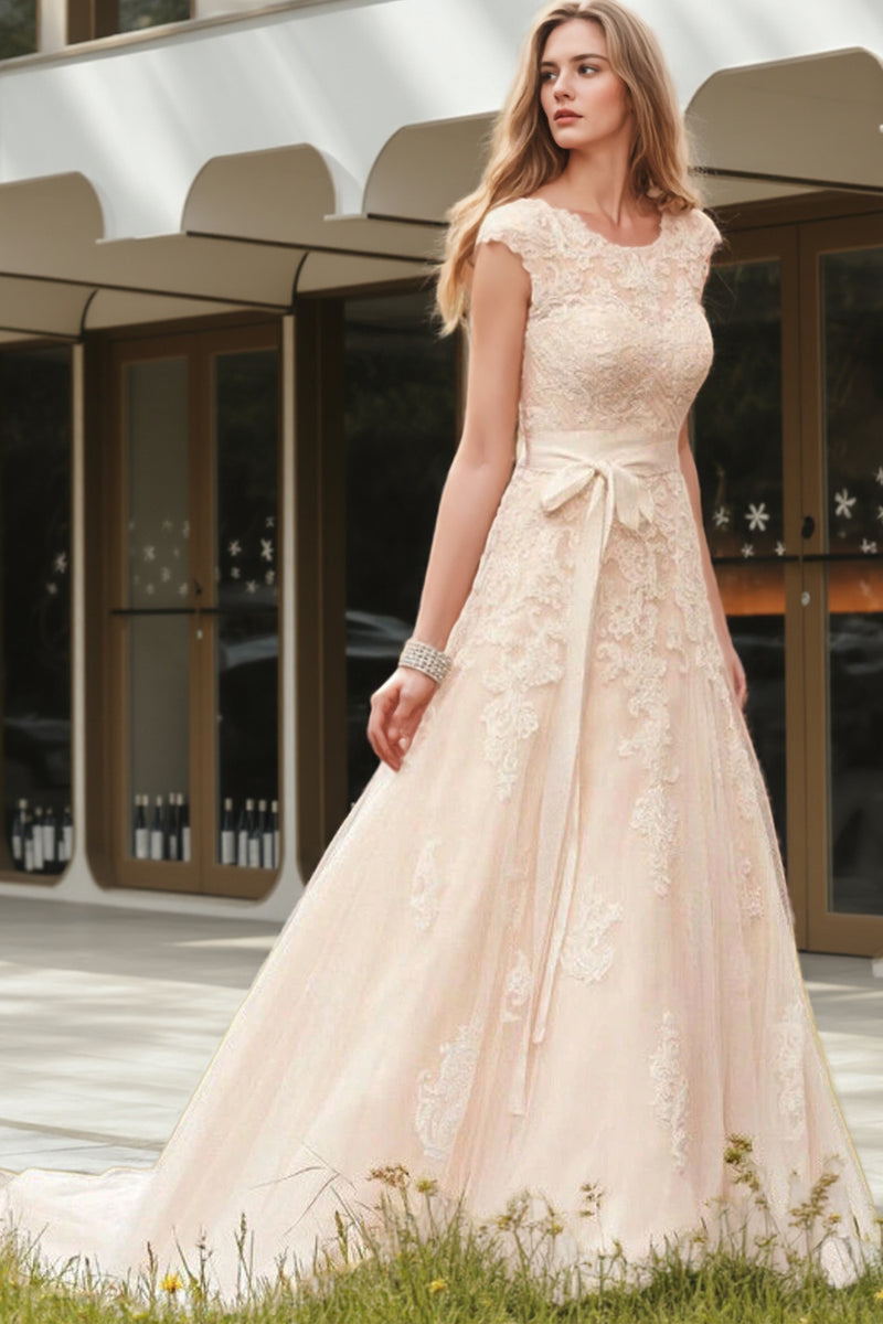 Scoop Neckline A-Line Tulle Wedding Dress With Lace Appliques WD202-Pgmdress