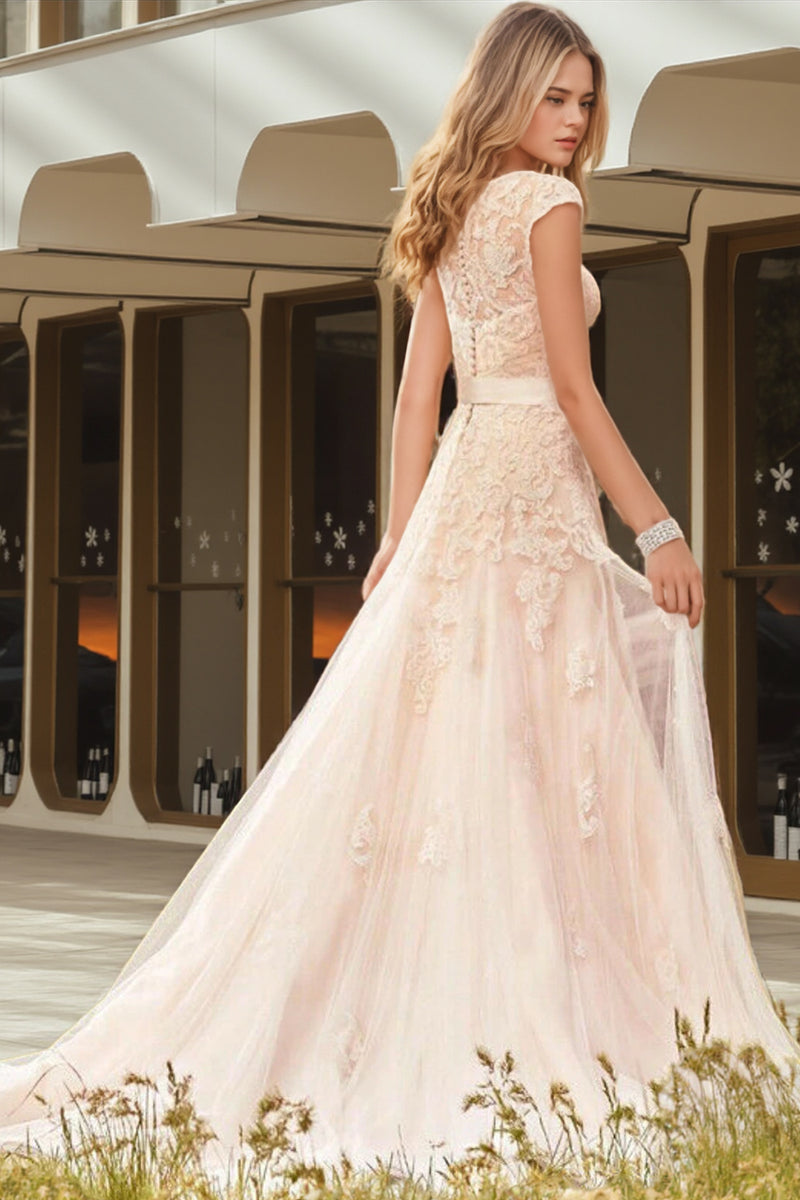 Scoop Neckline A-Line Tulle Wedding Dress With Lace Appliques WD202-Pgmdress