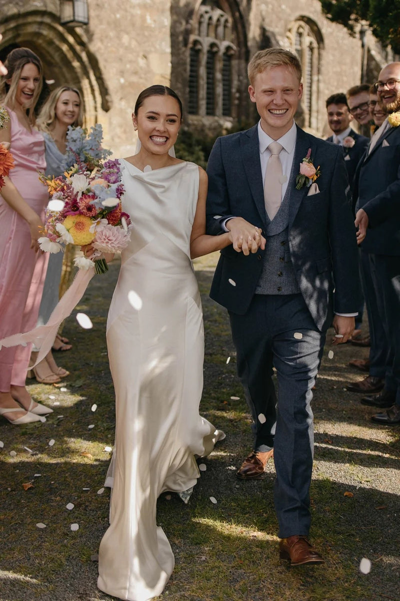 Sheath Boat Neck Silk Satin Rustic Long Weddingl Dress Bridal Gown-Pgmdress