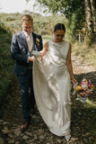 Sheath Boat Neck Silk Satin Rustic Long Weddingl Dress Bridal Gown-Pgmdress