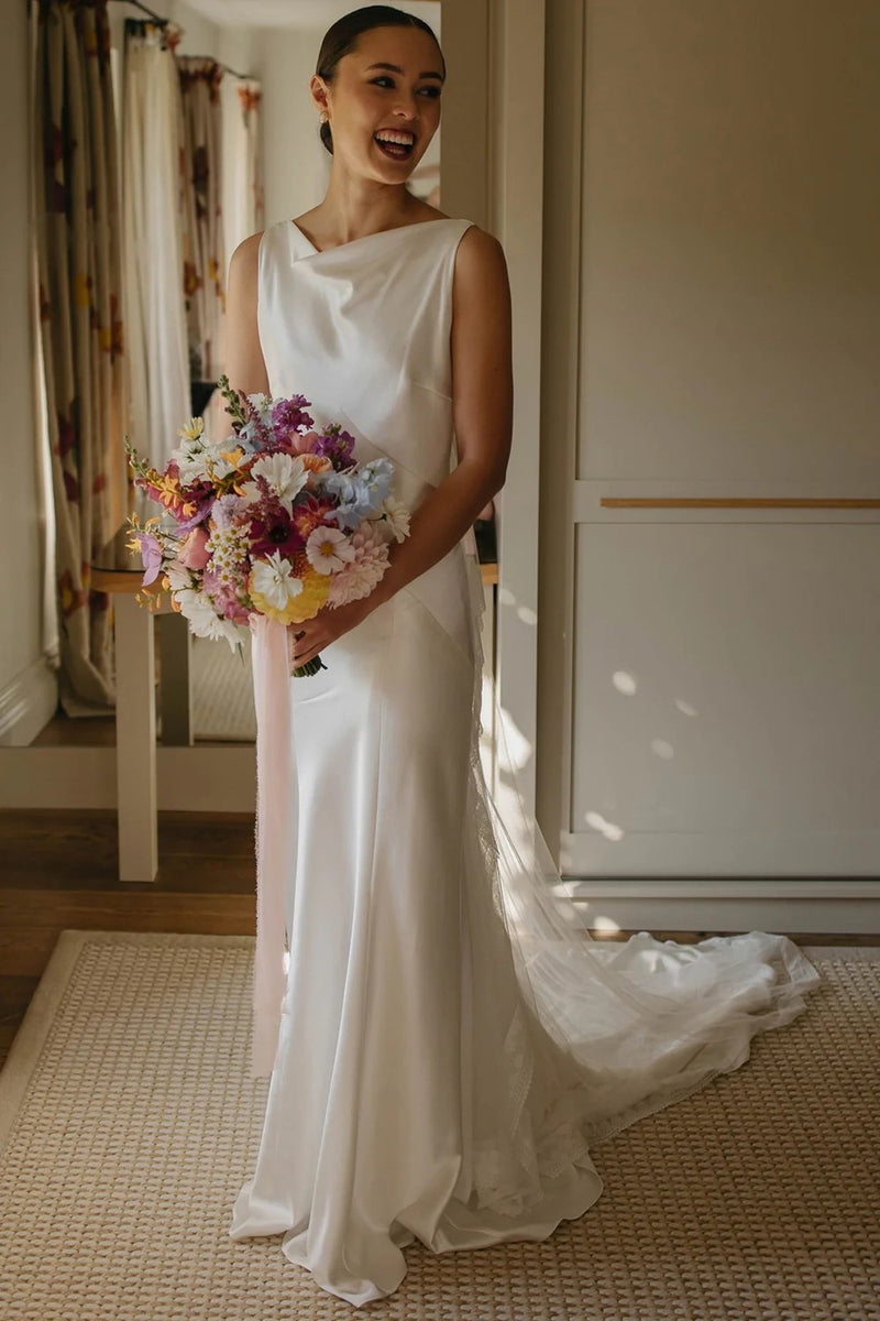 Sheath Boat Neck Silk Satin Rustic Long Weddingl Dress Bridal Gown-Pgmdress