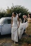 Sheath Boat Neck Silk Satin Rustic Long Weddingl Dress Bridal Gown-Pgmdress
