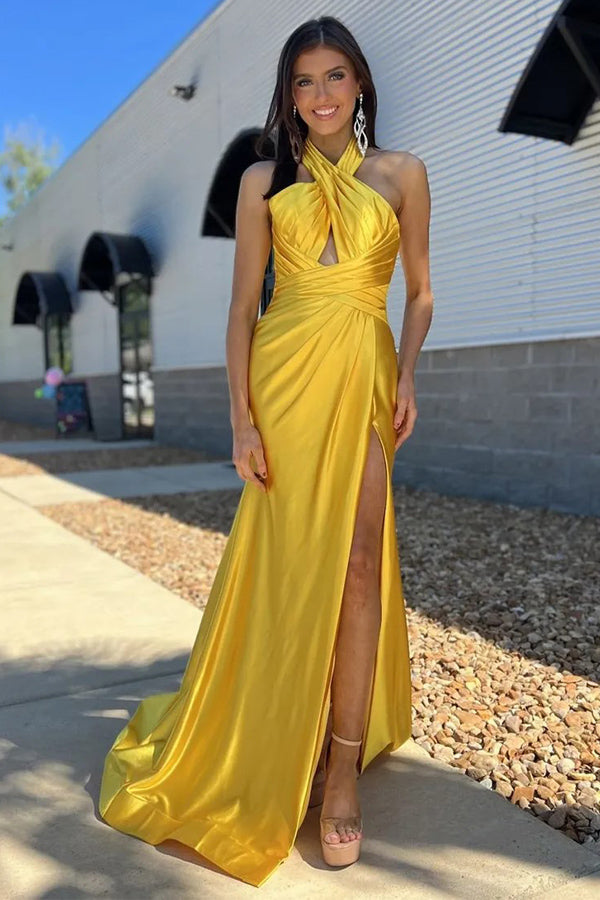 Sheath Halter Ruched Satin Yellow Long Prom Dress with Slit PSK581-Pgmdress
