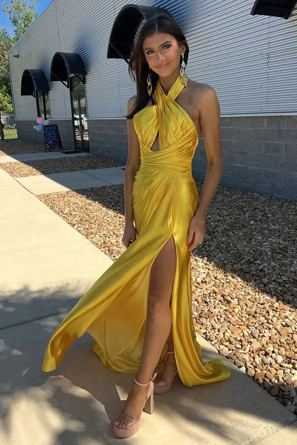 Sheath Halter Ruched Satin Yellow Long Prom Dress with Slit PSK581-Pgmdress