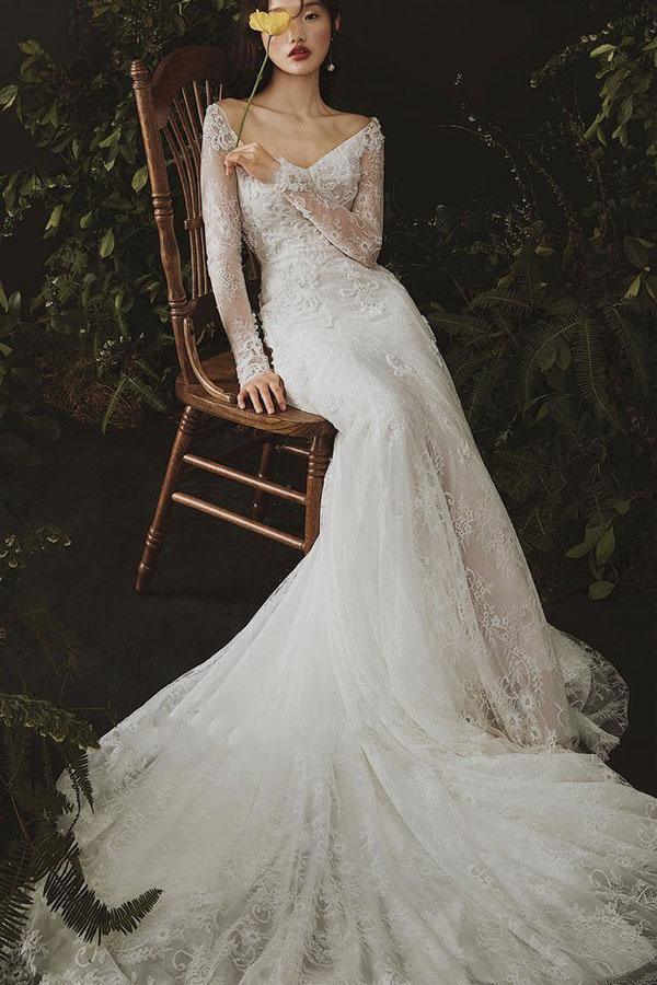 Etuikleid mit langen Ärmeln, Spitze, Boho-Brautkleid WD766