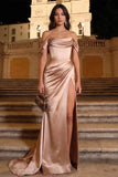 Sheath Off Shoulder Satin Ruched Modest Prom Dress with Side Train-Pgmdress
