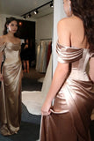 Sheath Off Shoulder Satin Ruched Modest Prom Dress with Side Train-Pgmdress