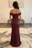 Sheath Off Shoulder Sequin Ruched Burgundy Prom Dress with Slit-Pgmdress