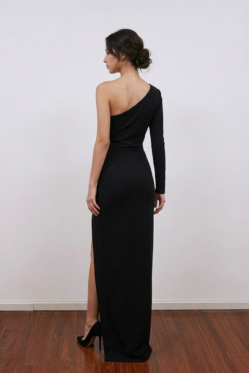 Sheath One Shoulder Sweep Train Black Bridesmaid Dress with Slit-Pgmdress