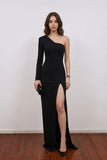 Sheath One Shoulder Sweep Train Black Bridesmaid Dress with Slit