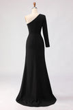 Sheath One Shoulder Sweep Train Black Bridesmaid Dress with Slit-Pgmdress